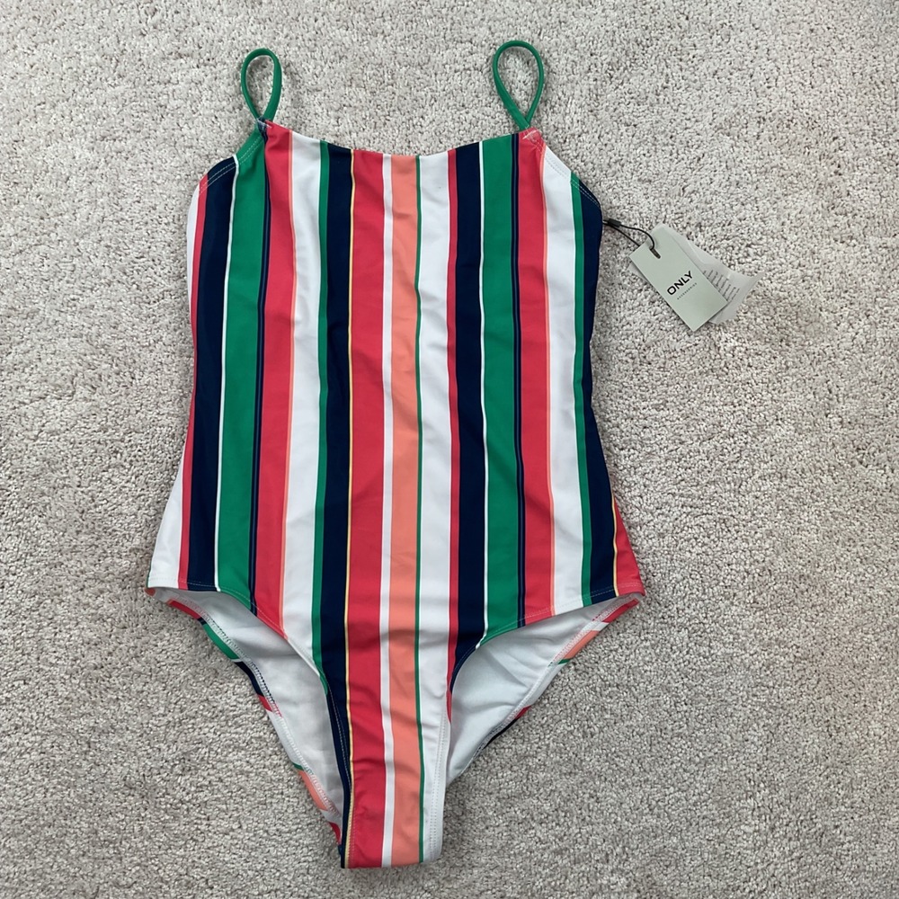 ONLY California Multi Color Striped One Piece Swimsuit Womens Medium